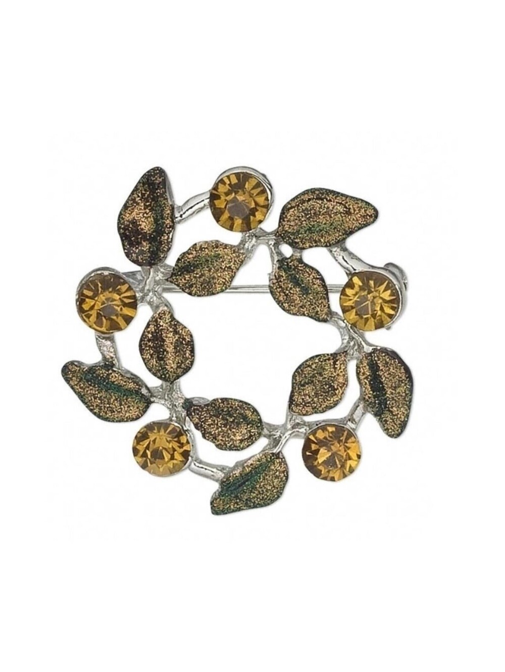 NEW Vintage 90s Muted Topaz Green Wreath Czech Crystal Rhinestone Enamel Brooch